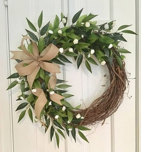 Diy Grapevine Wreath, Wreaths Design, Floral Door Wreaths, Diy Spring Wreath, All Season Wreath, Spring Door Wreaths, Door Wreaths Diy, White Wreath, Grapevine Wreaths