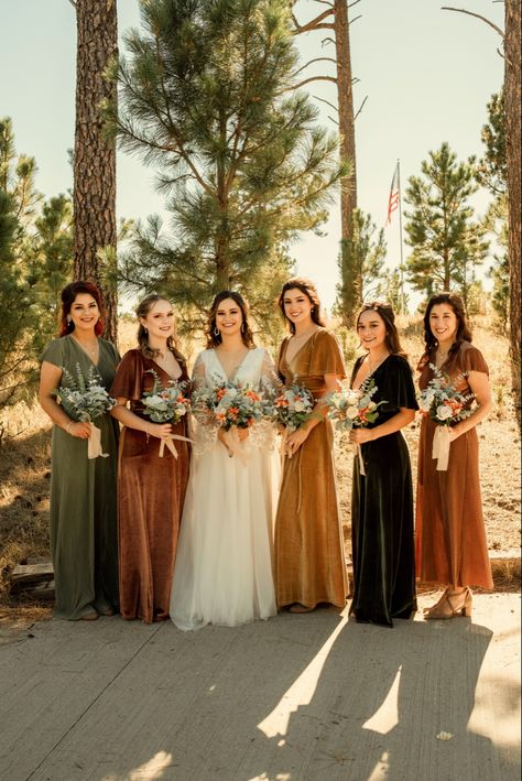 Rustic Bridesmaid Dresses Mismatched, Multiple Color Bridesmaid Dresses Fall, Mismatch Bridesmaid Dresses Fall, Fall Themed Bridesmaid Dresses, Earthy Tones Bridesmaid Dresses, Fall Bridesmaid Dresses Mismatched Jewel Tones, 70s Bridesmaids, Mismatched Fall Bridesmaid Dresses, Bridesmaid Dresses Mismatched Fall