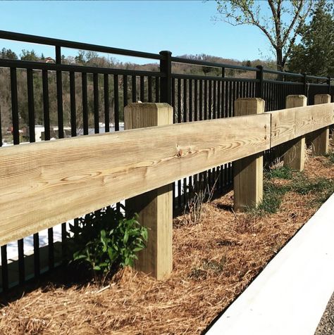 Why stop at fence and railing? We can do it all! Check out this vehicle guard rail we recently installed. We used 8x8 post for 💪🏼 and true 4x12 rails! Post And Cable Fence, Driveway Bridge, Driveway Barrier, Mailbox Landscape, Shack Restaurant, Mailbox Landscaping, Fence Construction, Mountain Home Exterior, Wood Fence Design