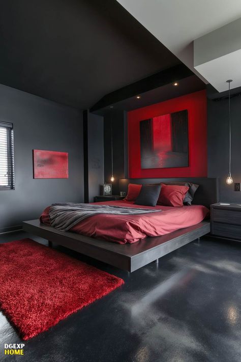 Modern Floating Bed In Red &Amp; Black Bedroom With Minimalist Design Modern Bedroom Ideas Dark, Modern Bedroom Ideas For Couples, Red Black Bedrooms, Black Modern Bedroom, Red Bedroom Design, Black And Grey Bedroom, Bedroom Ideas Dark, Bedroom Ideas Luxury, Red Bedroom Decor