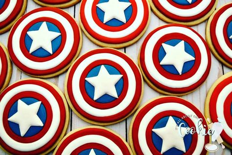 It's All About The Cookie on Instagram: “Captain America Shields! . . #sugarcookies #customsugarcookies #decoratedcookies #decoratedsugarcookies #customsweets #itsallaboutthecookie…” Superhero Cookies Easy, Captain America Cookies Decorated, Captain America Cookies, Marvel Cookies, America Cookies, Superhero Cookies, America Theme, Summer Sweets, Cutout Cookies