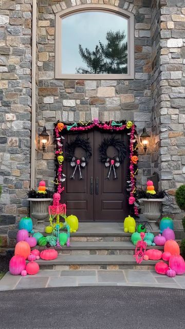 Porch Skeleton, Halloween Block Party, Halloween Lighting Outdoor, Rainbow Halloween, Neon Halloween, Halloween Circus, Halloween Porch Decorations, Neon Rainbow, Halloween Porch