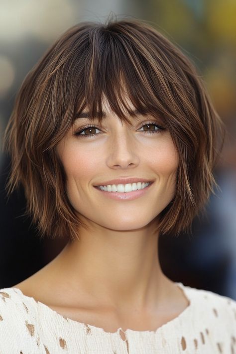 20. Choppy Bob with Split Bangs in Classic Brown (Short Bob Hairstyles With Bangs) - Short Bob Hairstyles With Bangs Medium Bob With Bangs, Short Bob Hairstyles With Bangs, Brown Short Bob, Split Bangs, Short Bobs With Bangs, Parted Bangs, Bob Hairstyles With Bangs, Choppy Layers, Textured Bob