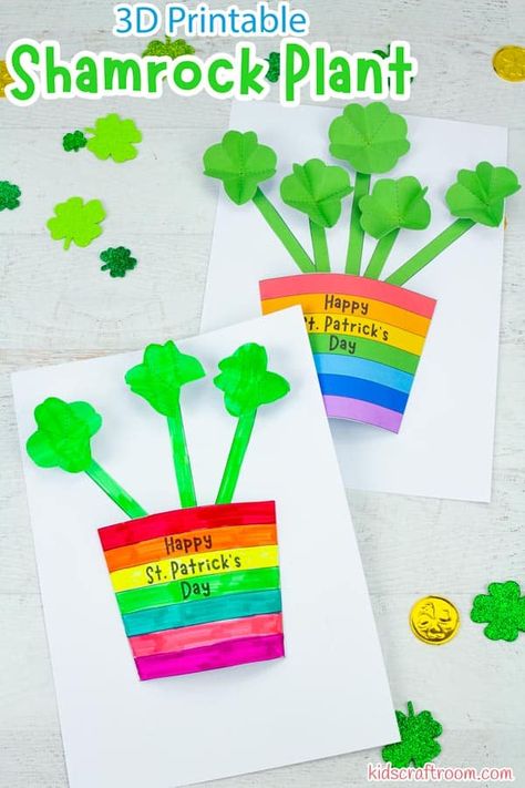 This St Patrick's Day 3D Shamrock Craft is sure to brighten everyone's day! It has a gorgeous rainbow plant pot and is wonderfully 3D, with both the plant pot and the shamrock leaves lifting right off the page. (Printable shamrock template.) #kidscraftroom #kidscrafts #shamrockcrafts #stpatricksdaycrafts #shamrock Card For New Year, New Year Card Ideas, New Year Card Making, Shamrock Plant, Shamrock Template, Shamrock Craft, March Crafts, St Patricks Crafts, Happy New Year Card