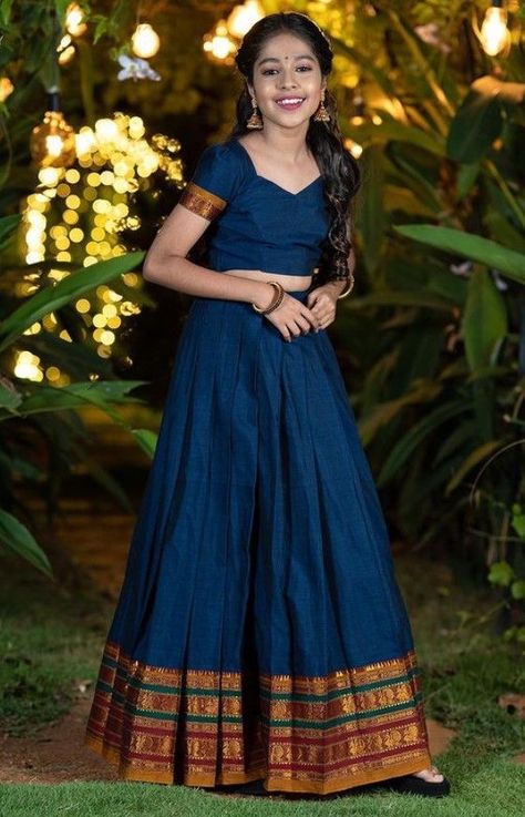 South Indian Skirt And Top, Pattupavada Top Designs, Pattu Pavadai Designs Onam, Parkar Polka For Women, Black Pattupavada, Narayana Pattu Dresses, Pattu Pavadai Designs For Teenagers, Traditional Pattupavada For Women, Pavadai Sattai Designs Women