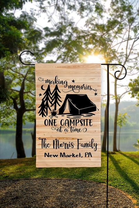 Camping Signs Personalized, Camping Garden, Flag Display, Tent Campers, Camping Pillows, Camping Signs, Tent Design, Camping Decor, Camper Decor