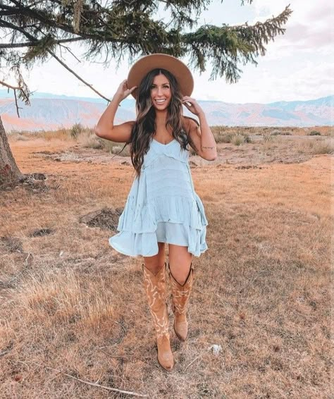 Cowgirl In A Dress, Western Summer Dresses For Women, Country Sundress Outfit, Country Outfits Women Dresses, Cute Cowgirl Dresses, Short Country Dresses, Dress And Cowboy Boots Outfit Summer, Sundress And Cowboy Boots Outfit, Tony Lomas Boots