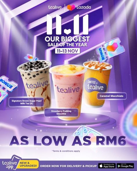 Tealive Lazada 11.11 Sale: Enjoy Tealive Drinks As Low As RM6 from 11 November 2023 until 13 November 2023 11.11 Sale Ads, Creative Drink Ads, 11.11 Promotion Design, Buy 1 Take 1 Promo Poster, Snacks Social Media Design, Drinks Promotion Design, Energy Drink Social Media Design, 11 11 Sale, Strawberry Pudding