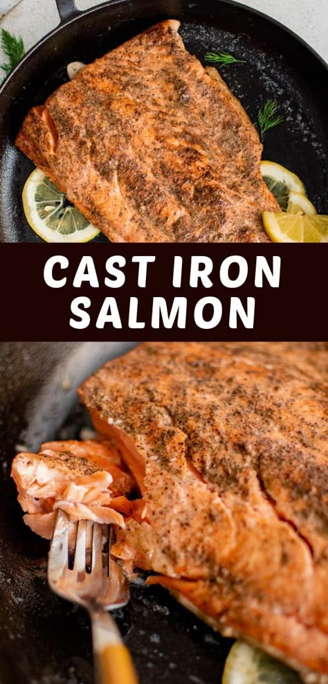 This cast iron salmon recipe comes together easily to create a tender and delicious restaurant-quality salmon dinner in less than 20 minutes! Cast Iron Salmon Oven, Crispy Skin Salmon Cast Iron, Salmon Recipes Baked Cast Iron, Salmon In Cast Iron Skillet In Oven, Cast Iron Skillet Salmon Recipes, Cast Iron Salmon With Skin, Easy Pan Fried Salmon Recipes, Cast Iron Salmon Recipes, Skillet Salmon Recipes