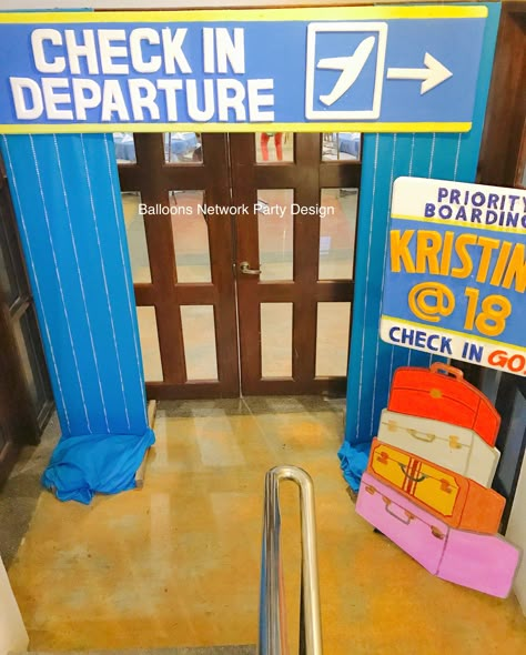 Airport Decorations Airplane Party, Flight Classroom Theme, Airplane Runway Landing Strip Diy, Airport Themed Classroom, Airplane Door Decoration, Around The World Photo Booth, Travel Vbs Decorations, Travel Classroom Door Ideas, Airport Decorations Travel Themes