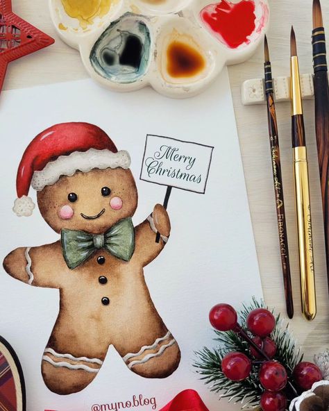 Gingerbread man painting by myno.blog Gingerbread Watercolor Painting, Watercolour Gingerbread House, Gingerbread Man Watercolor, Watercolor Gingerbread Man, Acrylic Paint Christmas Cards, Watercolor Gingerbread House, Christmas Eve Drawing, Gingerbread Man Painting, Aquarell Christmas Cards