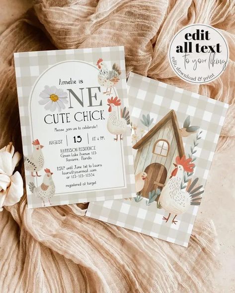 Celebrate your little one's special day with our charming gender-neutral chicken birthday invitation template! This adorable design is perfect for a birthday party full of fun and laughter. Easily editable, downloadable, and printable, it features a customizable gingham color scheme to suit both boys and girls. Let your child's personality shine with this delightful invite inspired by backyard chickens and barn animals. Make the party unforgettable with our one-of-a-kind invitation! Our Little Chick Is Turning One, One Cute Chick Birthday, Chicken First Birthday Party, This Chick Is One Birthday, Chicken Themed Birthday Party, Farm Theme First Birthday, Chicken Birthday Party, Farm 1st Birthday, Chicken Birthday