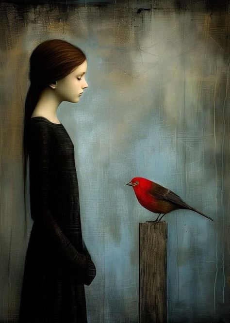 Inge Schuster, Lost Someone, Naive Illustration, Close To Me, Red Bird, Excuse Me, Whimsical Art, Bird Art, Portrait Art