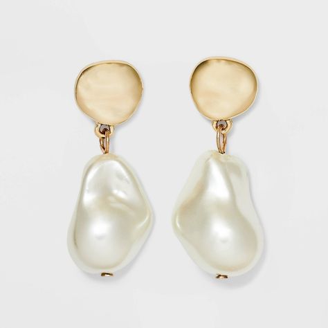 Bring a new look to your earring collection with Pearl Drop Earrings from A New Day™. These drop earrings feature an irregular-shaped faux-pearl drop accent dangling down from a gold-tone charm for a unique and fashionable look. Designed with post-back closures, these lightweight earrings are easy to wear and remove. You can pair them with casual, dressy or formal outfits to enhance your look. A New Day™: Style that goes wherever you do. Casual Accessories Jewelry, Gold Prom Earrings, Pearl And Gold Earrings, Pearl Jewlery, Gold And Pearl Earrings, Unique Pearl Earrings, Accent Earrings, Pearl Drop Earrings Gold, Ivory Earrings