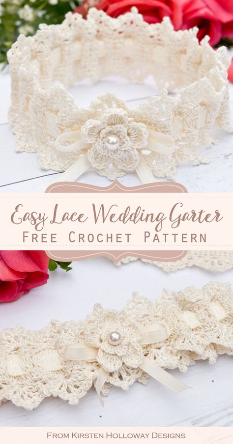 Wrapped in Lace Bridal Garter, Easy Crochet Pattern for Weddings - Kirsten Holloway Designs Crochet Wedding Gift, Wedding Crochet Patterns, Bridal Garter Lace, Crochet Wedding Dresses, Fingerless Gloves Crochet Pattern, Wedding Garter Lace, Bracelet Crochet, Crochet Gloves Pattern, Micro Crochet