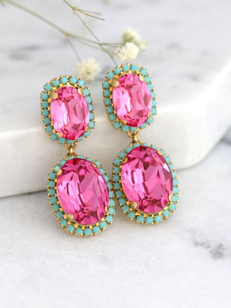 Blue And Pink Jewellery, Pink Chandelier Earrings For Party, Vibrant Pink Jewelry For Party, Luxury Pink Statement Chandelier Earrings, Pink Chandelier Earrings, Vibrant Handmade Pink Earrings, Turquoise Chandelier, Bright Pink Stone Earrings, Pink Drop Earrings