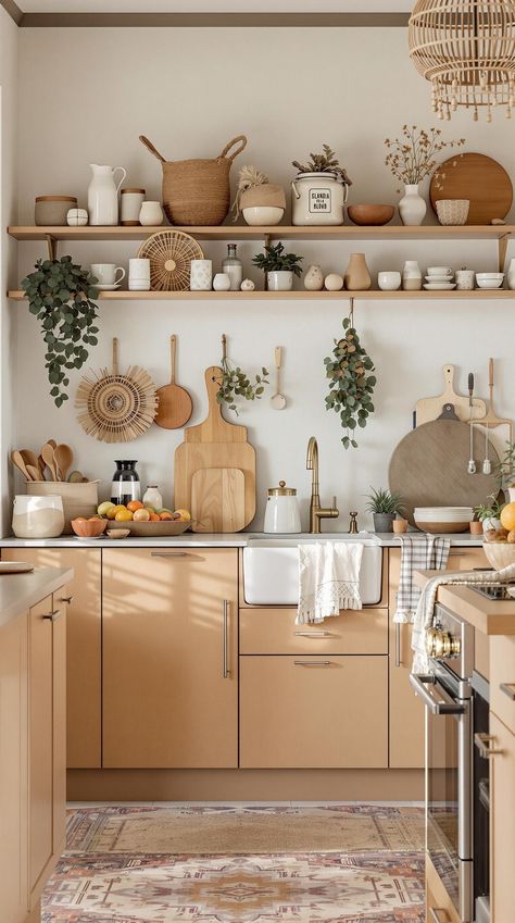 Scandi Boho Kitchen Scandi Boho Kitchen, Hygge Kitchen, Scandi Rustic, Scandi Boho Interior, Cozy Kitchen Nook, Minimalistic Kitchen, Earthy Kitchen, Boho Kitchen Ideas, Kitchen Cabinet Inspiration