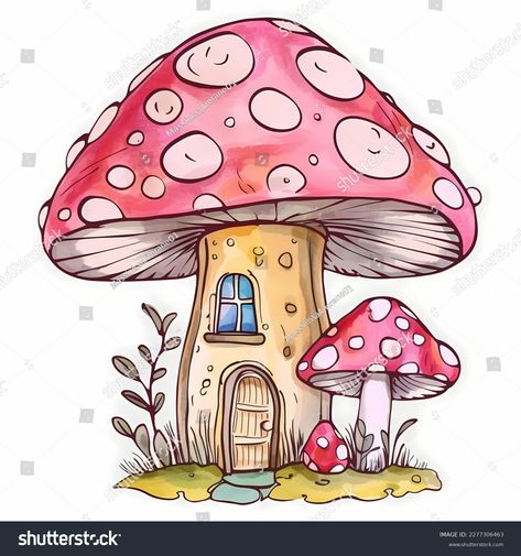 Toadstool House Drawing, Mushroom House Drawing Fairies, Mushroom Cottage Drawing, Mushroom Garden Drawing, Mushroom Home Drawing, How To Draw A Mushroom, Mushroom House Cartoon, Cartoon Mushroom Drawing, Mushroom House Illustration