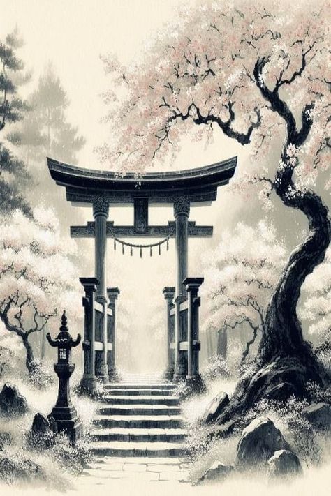 Torri Gate Art, Japanese Pagoda Tattoo Design, Torii Gate Tattoo Design, Japanese Gate Tattoo, Japanese Shrine Tattoo, Asian Temple Tattoo, Tori Gate Tattoo, Torii Gate Tattoo, Japanese Landscape Tattoo