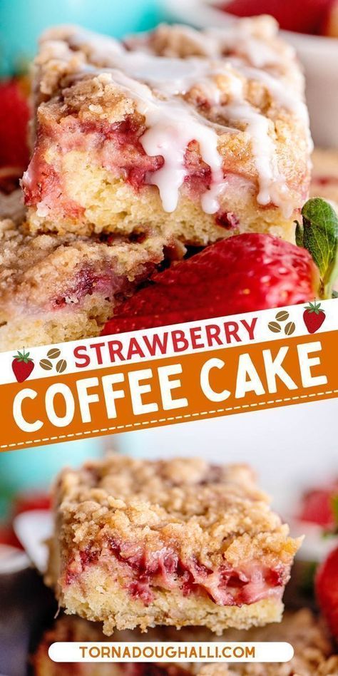 Enjoy a tender, fruity Strawberry Coffee Cake with a crumble topping and a delicious glaze with this recipe from Tornadough Alli. Not too sweet but sweet enough to be the perfect breakfast or dessert treat! This is a coffee cake recipe with yogurt and fresh strawberries that you have to try this summer season! Strawberry Rhubarb Coffee Cake, Strawberry Coffee Cake, Rhubarb Coffee Cake, Rhubarb Coffee Cakes, Strawberry Coffee, Crumb Coffee Cakes, Coffee Cake Recipes Easy, Strawberry Breakfast, Cake Mug