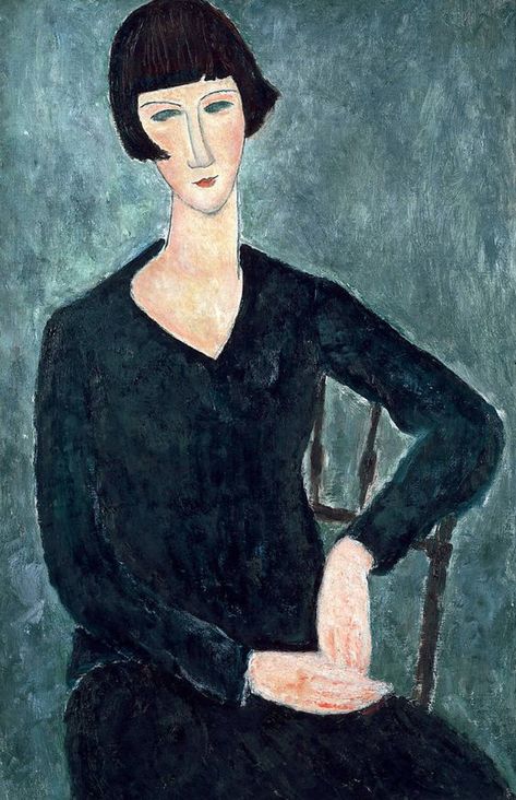 Amedeo Modigliani - Seated Woman in Blue Dress, 1918 Modigliani Art, Modigliani Paintings, Night Sky Painting, Flower Canvas Art, Canvas Art Projects, Amedeo Modigliani, Kiki De Montparnasse, Textured Canvas Art, Small Canvas Art