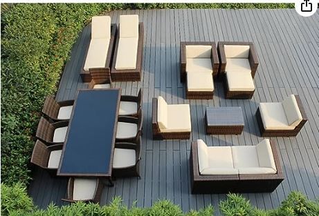 Ohana 20-Piece Outdoor Patio Furniture Sofa, Dining and Chaise Lounge Set, Mixed Brown Wicker with Beige Cushions - Free Patio Cover Patio Seating Sets, Outdoor Wicker Patio Furniture, Sectional Patio Furniture, Cantilever Patio Umbrella, Wicker Patio Furniture Set, Natural Cushions, Wicker Patio Furniture, Wicker Sofa, Beige Cushions