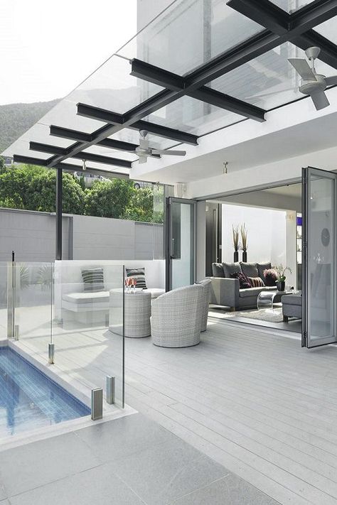 Architectural Designs Awesome! Pool off deck has glass enclosure. Note: Glass canopy with fan above!: Au Photos, Interior Design Examples, Glass Canopy, Backyard Canopy, Minimal Interior Design, Pergola Design, Canopy Design, Glass Roof, Design Exterior