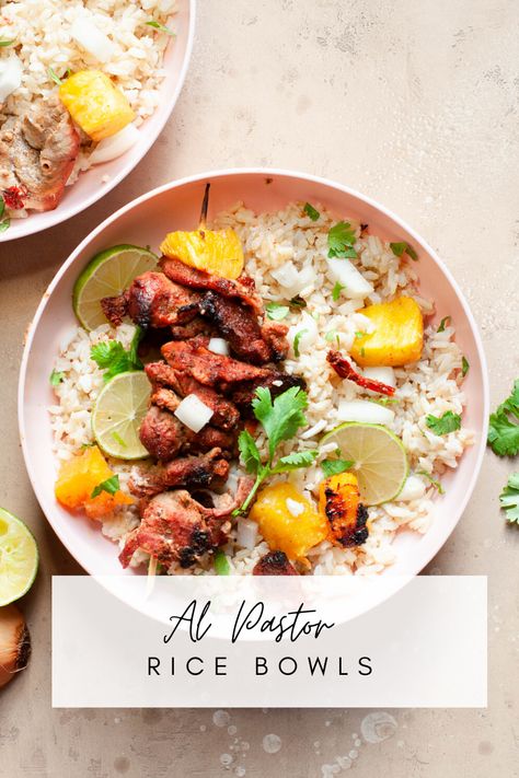 Simple Al Pastor Rice bowls with pantry spices & very easy preparation. Perfect for meal prep, fun family summer dinner or dinner for friends Al Pastor Bowl, Dinner For Friends, California Chicken, Roasted Pineapple, Boneless Pork Shoulder, Tacos Al Pastor, Watermelon And Feta, Tacos And Burritos, Marinated Pork