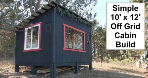 Simple 10′ x 12′ Off Grid Cabin Build – reThinkSurvival.com Simple Cabins To Build, Small Off Grid Cabin Plans, Single Pitch Roof Cabin, Micro Cabin Plans, Off Grid Cabin Ideas, Off The Grid Cabin, Off Grid Cabin Plans, Tiny Cabin Plans, Simple Cabin