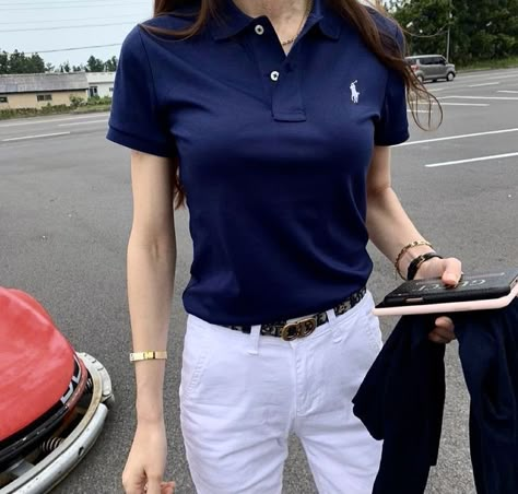 Lacoste Polo Dress Women Outfit, Polo Shirt Women Aesthetic, Polo Ralph Lauren Women Outfits Casual, White Polo T Shirt Outfit Women, Ralph Lauren Polo Outfits Women, Polo Work Shirt Outfit Women, Polo Outfits For Women Aesthetic, Women’s Polo Shirt Outfit, Navy Blue Polo Shirt Outfit Woman