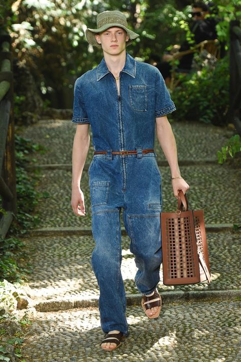 Denim Jumpsuit Outfit Men, Denim Set Outfit Men, Workwear Denim Button-up Jumpsuit With Button Closure, Men’s Coverall Outfit, Men’s Coveralls, Menswear 2020, Denim Shirt Style, Milan Fashion Week Men, Milan Men's Fashion Week