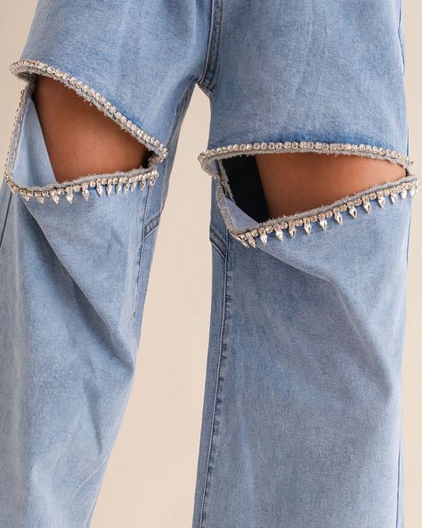 These jeans 🤝🏼 us Rhinestone Jeans, Basic White Tee, Loose Fit Jeans, Denim Collection, Rhinestone Studs, Washed Denim, Wide Leg Denim, Light Wash Denim, Romper Pants