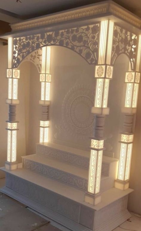 God Mandir Designs, Poojaghar Design, Tempal Ideas, Mandir Interior Design Puja Room, Marble Mandir Design Puja Room Modern, God Room Designs, New Mandir Design, Puja Ghar Design, Mandir Design Puja Room Modern