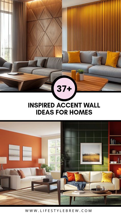 Discover 37 whimsical and budget-friendly accent wall ideas to transform your living room into a stunning focal point. From eye-catching color choices to creative patterns and materials, this list is perfect for embracing your home decor style. Whether you prefer minimalist elegance or artistic flair, these options can drastically elevate your living space. Find out how different textural finishes like shiplap and stone can reinforce your style while improving the ambiance of the room without breaking the bank.  Explore unique artwork and wallpaper designs to match your personality! Accent Wall Ideas For Living Room, Vertical Slats Wall, Wall Ideas For Living Room, Living Room Accent Wall Ideas, Wall Behind Sofa, Room Accent Wall Ideas, Orange Accent Walls, Living Room Accent Wall, Dark Accent Walls