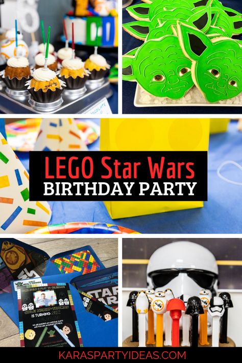 Star Wars Lego Party Decorations, Star Wars Lego Birthday Party, Star Wars Birthday Games, Lego Gift Bags, Star Wars Kids Party, Yoda Cookies, Lego Star Wars Birthday Party, Star Wars Birthday Party Ideas, Lego Star Wars Birthday