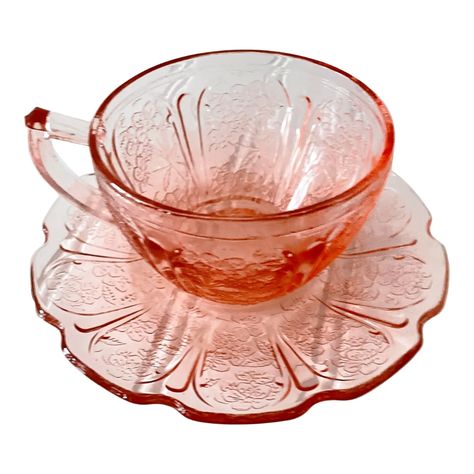 — 1930s Jeannette Cherry Blossom Cup & Saucer Set- 2... Vintage China Patterns, Crystal Glassware Antiques, Coffee And Dessert, Glass Wear, Pastel Kitchen, Revolutionary Girl Utena, Pink Glassware, Pink Cups, Crystal Glasses