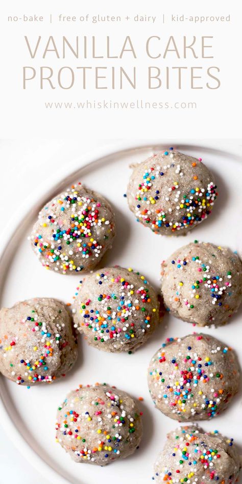 Birthday Cake Protein Balls, Health Dessert Recipes, Birthday Cake Protein, Homemade Protein Bars, Protein Ideas, Healthy High Protein Snacks, Cake Ball Recipes, Vanilla Birthday Cake, Toddler Recipes