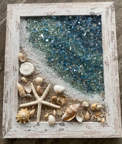 Sea Glass Picture Frame, Crush Glass Art, Sand Decorations Ideas, Art With Sand, Picture Frame Glass Crafts, Sea Glass Framed Art, Broken Sand Dollar Crafts, Sand Dollar Display, Beach Stone Crafts