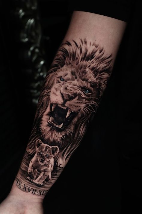 #tattoo#tattooart#tattooing#tattooartist#tattoodesign# Lion Tattoo Half Sleeve, Lion Leg Tattoo, Lions Tattoo, Lion Arm Tattoo, Lion Forearm Tattoos, Tattoo Homme, Lion Art Tattoo, Lion King Tattoo, Baby Tattoo