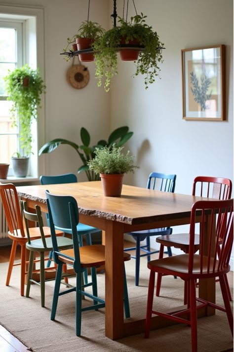 Bohemian dining area with live-edge farmhouse table and colorful chairs Live Edge Dining Table Diy, Long Table Dining Room, Modern Farmhouse Dining Table, Rustic Farmhouse Dining Table, Flip House, Eclectic Dining, Farmhouse Table Decor, Modern Farmhouse Dining, Diy Dining Table