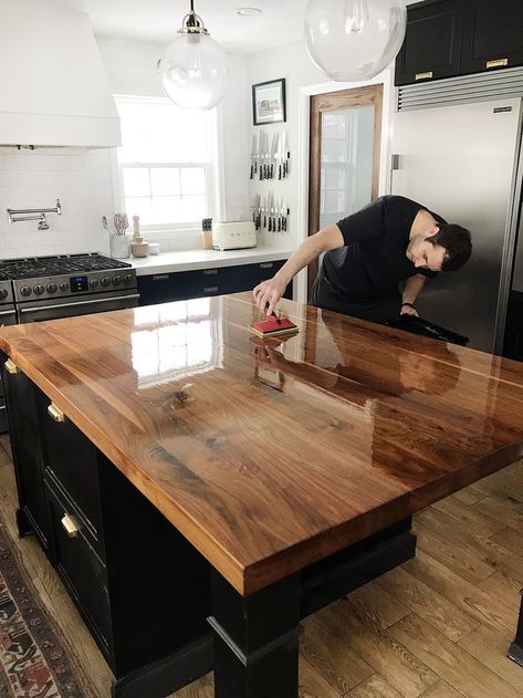 How We Refinished our Butcher block Countertop - Chris Loves Julia Black Walnut Countertop, Cheap Kitchen Countertops, Walnut Countertop, Butcher Block Countertop, Kitchen Remodel Countertops, Cheap Countertops, Butcher Blocks, Kitchen Countertop Materials, Wooden Counter