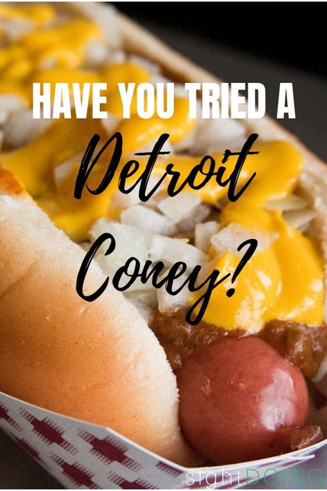 Have you tried a Detroit style Coney Dog?  This Michigan favorite hot dog is topped with a specialty chili sauce, mustard, and onions and is a regional delicacy.   Originating in 1917, the two original spots are still in business (and VERY popular with locals).  Try these cheap eats at American Coney Island or Lafayette Coney Island, both downtown and both open late.  They aren't fancy restaurants, but they do serve up some great food in MI! #Detroit #foodtravel #hotdogs Detroit Food Recipes, Specialty Chili, Coney Island Hot Dog Sauce, Coney Dog Sauce, Chili Dog Sauce, Coney Dogs, Coney Island Hot Dog, Coney Sauce, Best Hot Dogs