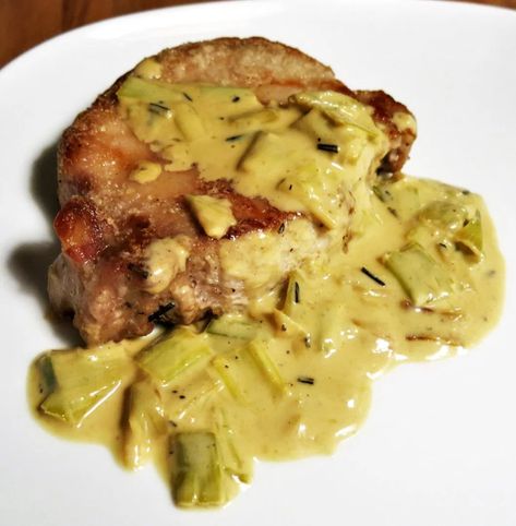 Leek and White Wine-Mustard Cream Sauce | Goddess Cooks Leeks In White Sauce, Sauce For Pork Chops, Sauce For Pork, Pork Chop Sauce, White Wine Cream Sauce, Mustard Cream Sauce, Mustard Pork Chops, Pork Sauce, Creamed Leeks