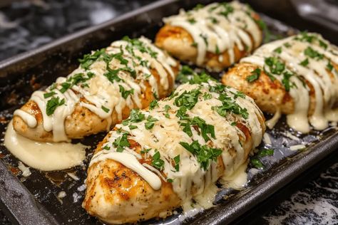 Baked Caesar Chicken, Caesar Sauce, Greek Marinated Chicken, Caesar Chicken, Chicken Rice Recipes, Creamy Parmesan Sauce, Parmesan Sauce, Creamy Parmesan, Caesar Dressing