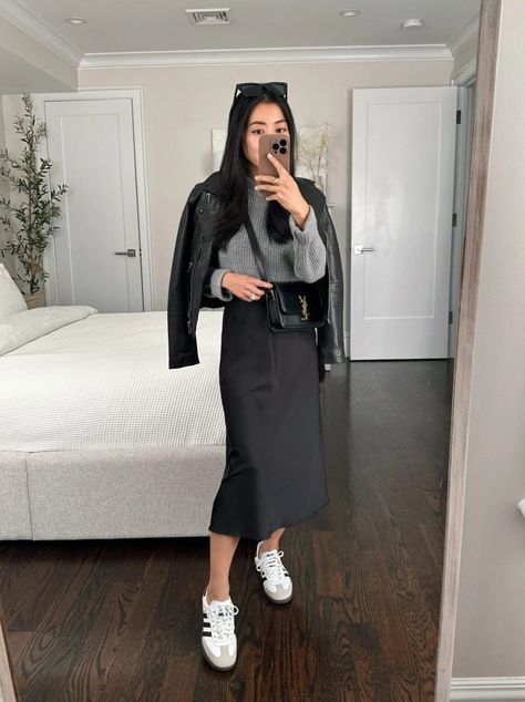 Winter Slip Skirt, Green Slip Skirt Outfit, Pink Slip Skirt Outfit, Silk Slip Skirt Outfit, Slip Skirt Outfit Winter, Hem Jeans Without Sewing, Black Skirt Fall Outfit, Slip Skirt Outfit Fall, Green Slip Skirt