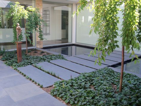 Many of the most rewarding landscapes are the ones that provide a practical benefit and also aesthet... Bluestone Walkway, Bluestone Pavers, Natural Landscaping, Bluestone Patio, Garden Paving, Australian Garden, Paver Patio, Water Feature, Modern Landscaping