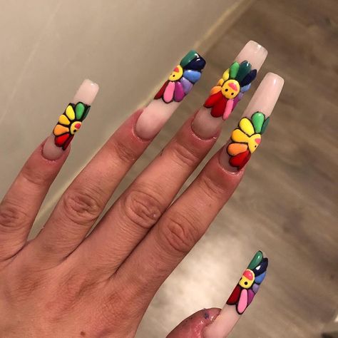 Murakami Flower Nails, Murakami Nails, Murakami Flower, School Nails, Nail Styles, Pink Acrylic, Pink Acrylic Nails, Flower Nails, Nail Inspo