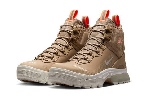 Nike ACG Zoom Gaiadome GORE-TEX Gets Fitted in a “Khaki/Atomic Orange” Color Scheme Orange Color Schemes, All Weather Boots, Nike Boots, Waterproof Hiking Shoes, Hiking Sneakers, Weather Boots, Hiking Shoe, Nike Acg, Air Jordan 1 Low