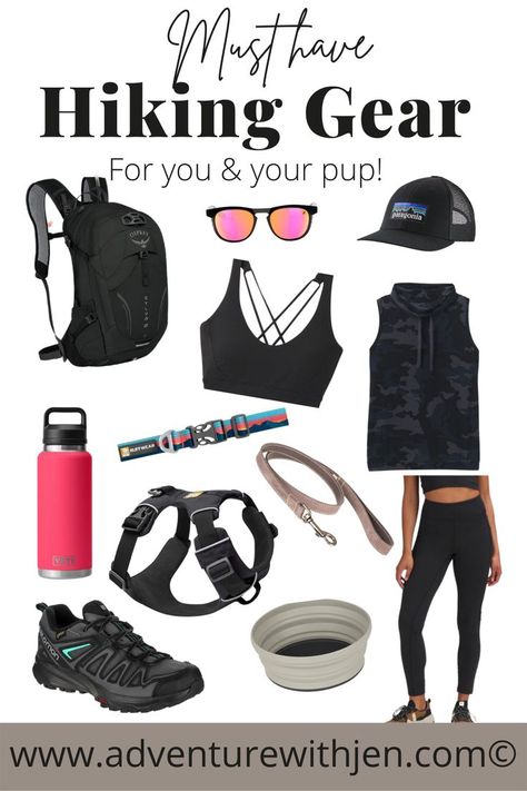 Hiking gear for women and dogs. Leggings, sunglasses, hat, hiking shoes, backpack, leash, harness, collapsible water bowl, yeti water bottle, sports bra and dog leash. Day Hiking Essentials For Women, Womens Hiking Gear, Functional Midweight Hoodie For Hiking, Sporty Gore-tex Hiking Boots For Outdoor Activities, Hiking Gear Women, Spring Hiking Outfits, Sporty Double-lined Hood Hoodie For Hiking, Patagonia Hat, Hiking Summer