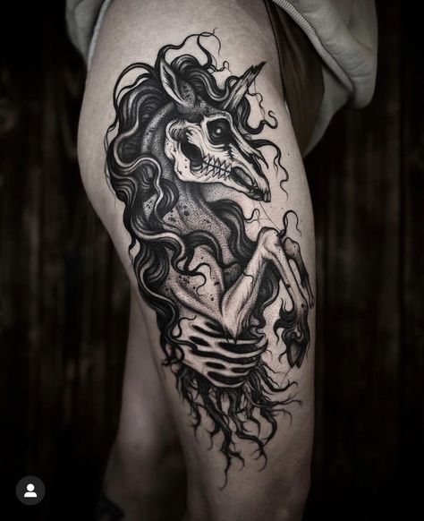 Horse Skull Tattoo With Flowers, Gothic Dinosaur Tattoo, Gothic Fox Tattoo, Goth Unicorn Tattoo, Horse Hip Tattoo, Gothic Horse Tattoo, Black And Grey Animal Tattoos, Gothic Unicorn Tattoo, Dark Witchy Tattoos